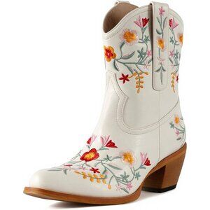 Women's Chunky Heel Ankle Snip Square Toe Flower Embroidered Western White Boot